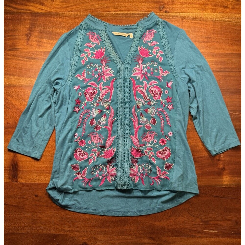 Soft Surroundings Delsie Embroidered Top PL Petite L Teal Pink Floral Boho Shirt